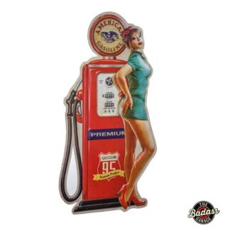 Vintage Gas Pump Redhead Pinup Girl Shaped and Embossed Sign