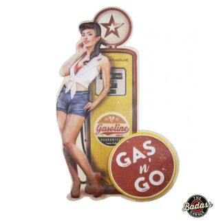Vintage Gas Pump Brunette Pinup Girl Shaped and Embossed Sign
