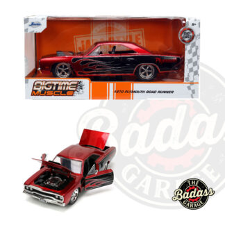 Jada 1/24 Scale "BIGTIME Muscle" 1970 Plymouth Road Runner - Glossy Red Black flame Decal Diecast Metal Collectible Model Car