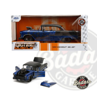 Jada 1/24 Scale "BIGTIME Muscle" 1955 Chevy Bel Air Blown Engine - Metallic Blue with Black Flames Diecast Metal Collectible Model Car