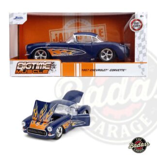 Jada 1/24 Scale "BIGTIME Muscle" 1957 Chevy Corvette - Dark Blue with Orange Flames Diecast Metal Collectible Model Car
