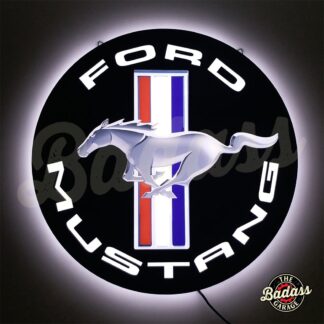 Ford Mustang 16" Round Slim LED Lighted Hanging Wall Sign - Black with Stallion on 3 Bars