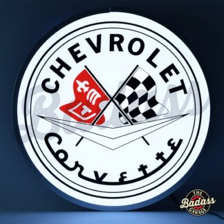 Corvette Flags 15 Inch Round Backlit Domed LED Sign - Grey With Chevy Flags