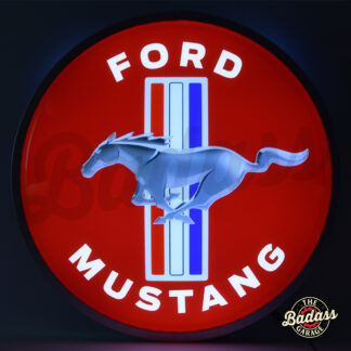 Ford Mustang 15 Inch Round Backlit Domed LED Sign - Red with Stallion on 3 Bars